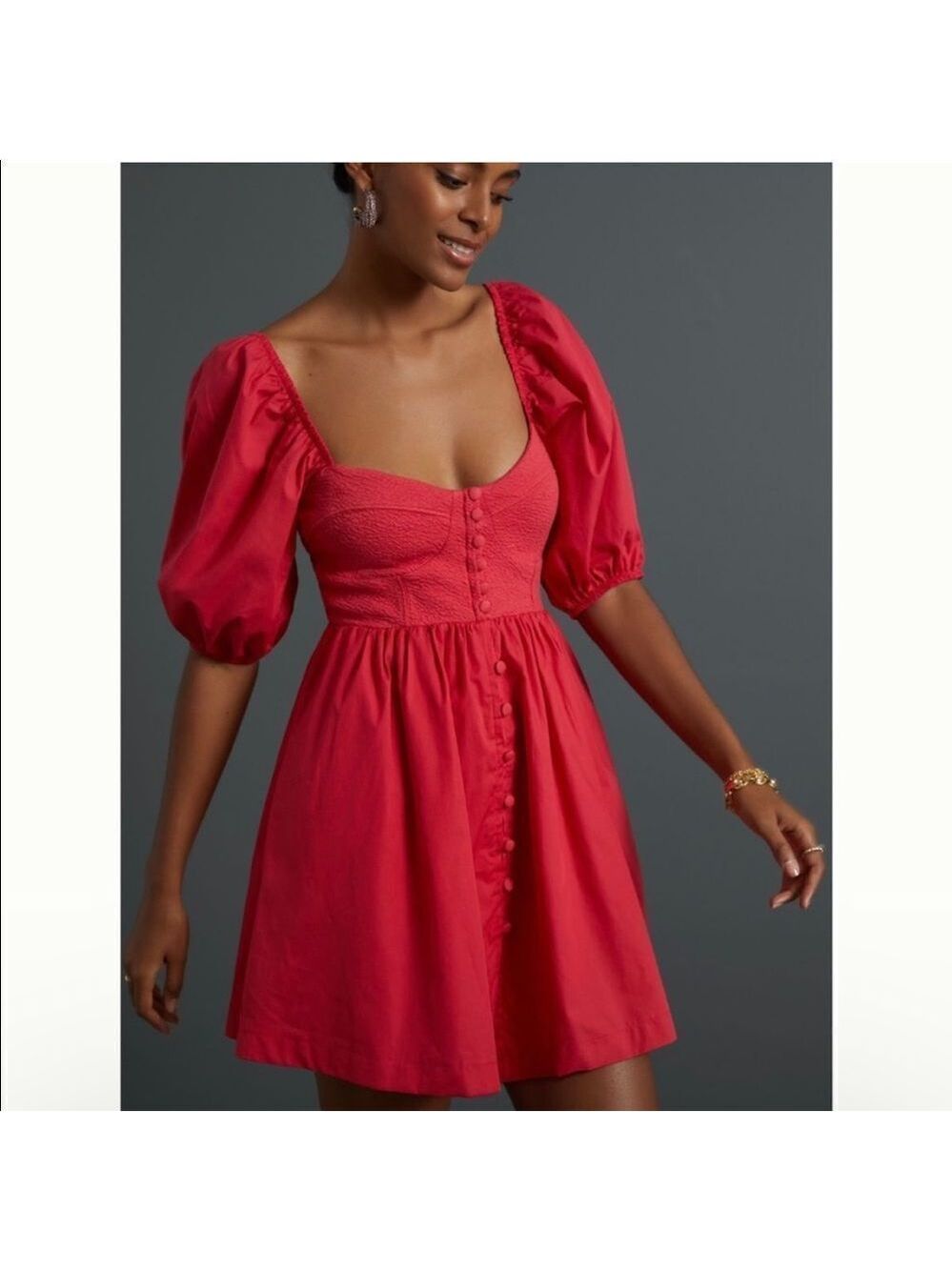 NEW Maeve Anthropologie Puff-Sleeved Sweetheart Mini Dress Red Size XS